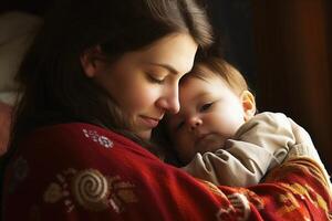 A mother holding her baby in her arms created with technology. photo