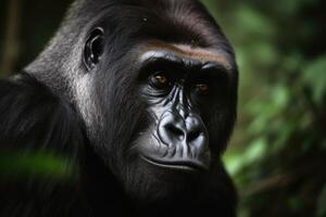 A portrait of a big male gorilla in the jungle created with technology. photo