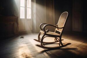 An old wooden rocking chair in a dusty vintage room with light beams created with technology. photo