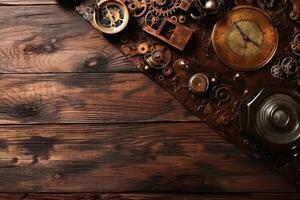 Steampunk background on a wooden surface with copy space created with technology. photo