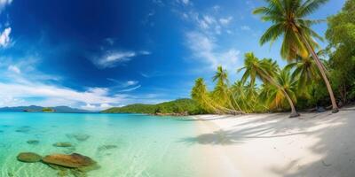 Panoramic tropical beach with palm trees created with generative AI technology. photo