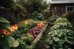 un vegetal jardín con un montón de frutas creado con generativo ai tecnología. foto
