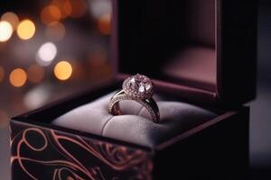 A beautiful wedding ring in the box with sparkling light created with technology. photo