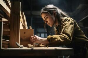 A female craftsman builds a shelf created with technology. photo