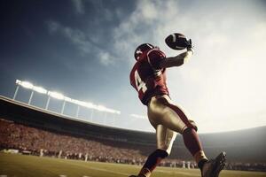 American football in flight being catched by a player created with technology. photo