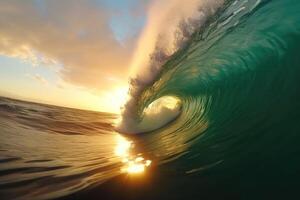 A big wave looking into the wave tunnel during sunset created with technology. photo