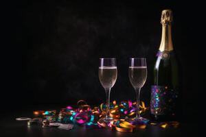 Champagne glasses and colourful streamers and glitter confetti on a happy new year background created with technology. photo