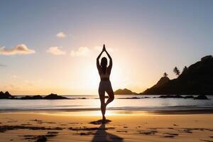 A young woman does yoga in the sun at a tropical beach created with technology. photo