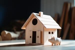 A piggy bank together with a small house model created with technology. photo