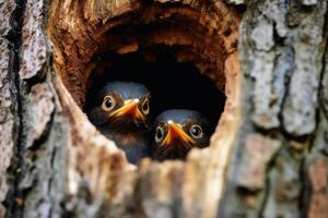 Bird peek a boo out of a tree created with technology. photo