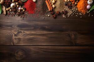 Top view of a lot of spices on a wooden table with copy space created with technology. photo