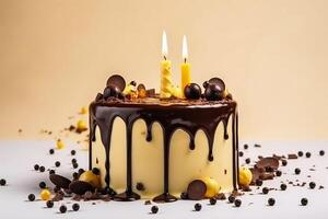 Birthday cake with pouring chocolate on a yellow background created with technology. photo