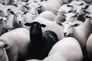 One black sheep in a herd of white sheep. photo