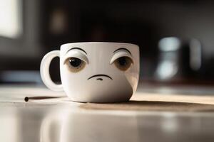 A tired coffee cup with eyes on a kitchen table created with technology. photo