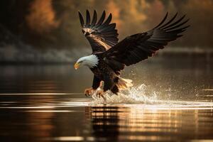 An eagle in flight catching fish from a lake created with technology. photo