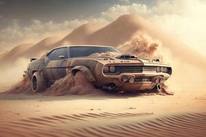 A fast muscle car churns up sand in a desert created with technology. photo