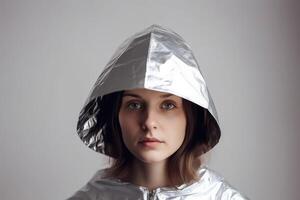 A person wears a small handmade hat made of aluminium foil on a light background to protect himself from radiation and conspiracy theory created with technology. photo