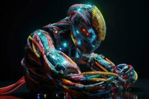 An AI robot almost completely wrapped in brightly coloured fibre optic cable created with generative AI technology. photo