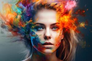 Portrait of a beautiful woman with colorful splashes created with technology. photo