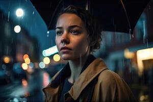 un joven mujer con un paraguas visto desde detrás camina en un moderno ciudad a noche y pesado lluvia creado con generativo ai tecnología. foto