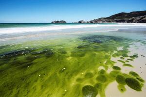 A plague of algae on a beautiful beach created with technology. photo