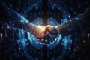 Shaking hands on a successful business in cryptocurrencies created with technology. photo