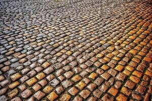 Old historical cobblestone road background texture created with technology. photo