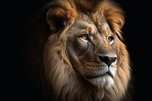 A closeup of a male Lion on a black background created with technology. photo