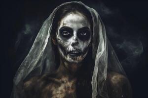 un Siniestro mujer con un oscuro escalofriante hacer arriba creado con generativo ai tecnología. foto