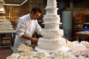 A pastry chef making a huge wedding cake. photo