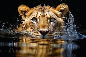 Close up of a lion in water photo