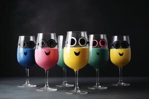 Happy glasses with eyes and arms on a table created with technology. photo