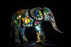 An elephant made of stained glas on a dark background created with technology. photo