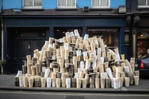 un enorme pila de desechable café tazas en frente de un café creado con generativo ai tecnología. foto