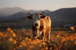 A cow on a field with some flowers created with technology. photo