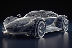 A sports car that transitions into a wireframe model created with technology. photo