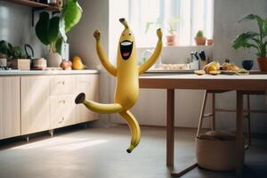 A smiling banana with arm and legs running on a kitchen table created with technology. photo