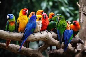 Many colourful different tropical birds sitting together on a branch created with technology. photo