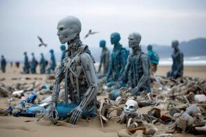 A swarm of evil plastic waste figures conquers the beach from the ocean created with technology. photo