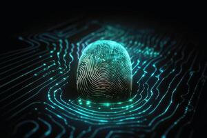 Detailed fingerprint made of glowing light on a dark technical background created with technology. photo