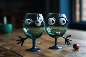 Happy glasses with eyes and arms on a table created with technology. photo