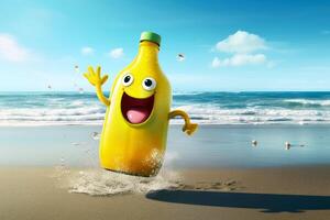 A happy bottle of lemonade at the beach created with technology. photo