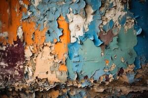 An old wall background with paint peeling in different colors created with technology. photo