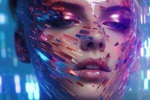 Close up of a beautiful cyberspace female face in a chaotic surreal style created with technology. photo