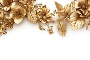 dorado flores frontera en un blanco antecedentes creado con generativo ai tecnología. foto