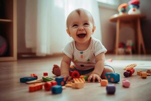 A laughing little child playing on the floor with toys created with technology. photo