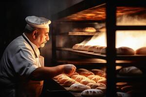 un panadero horneando un pan en un panadería creado con generativo ai tecnología. foto