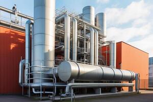 Exterior view of a large industrial area with many shiny pipes created with technology. photo