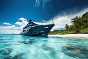 A luxury yacht in the deep water in front of a tropical beach created with technology. photo