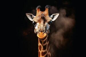 un cerca arriba retrato de fascinante jirafa fotografía creado con generativo ai tecnología. foto